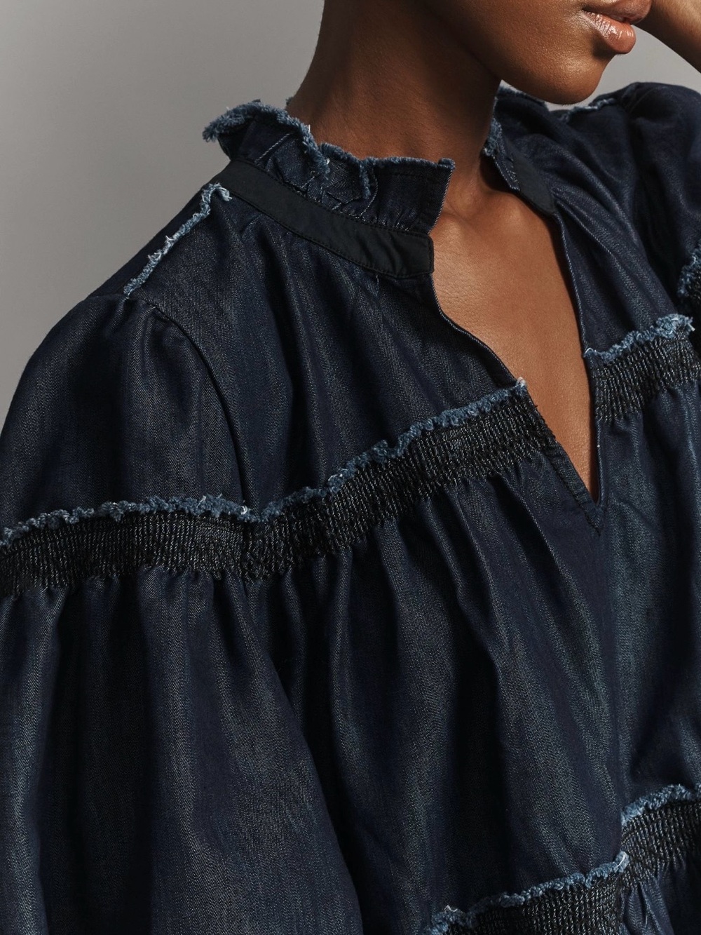 Pilcro Tiered Denim Swing Smock Dress Small Navy Jean - Picture 5 of 16